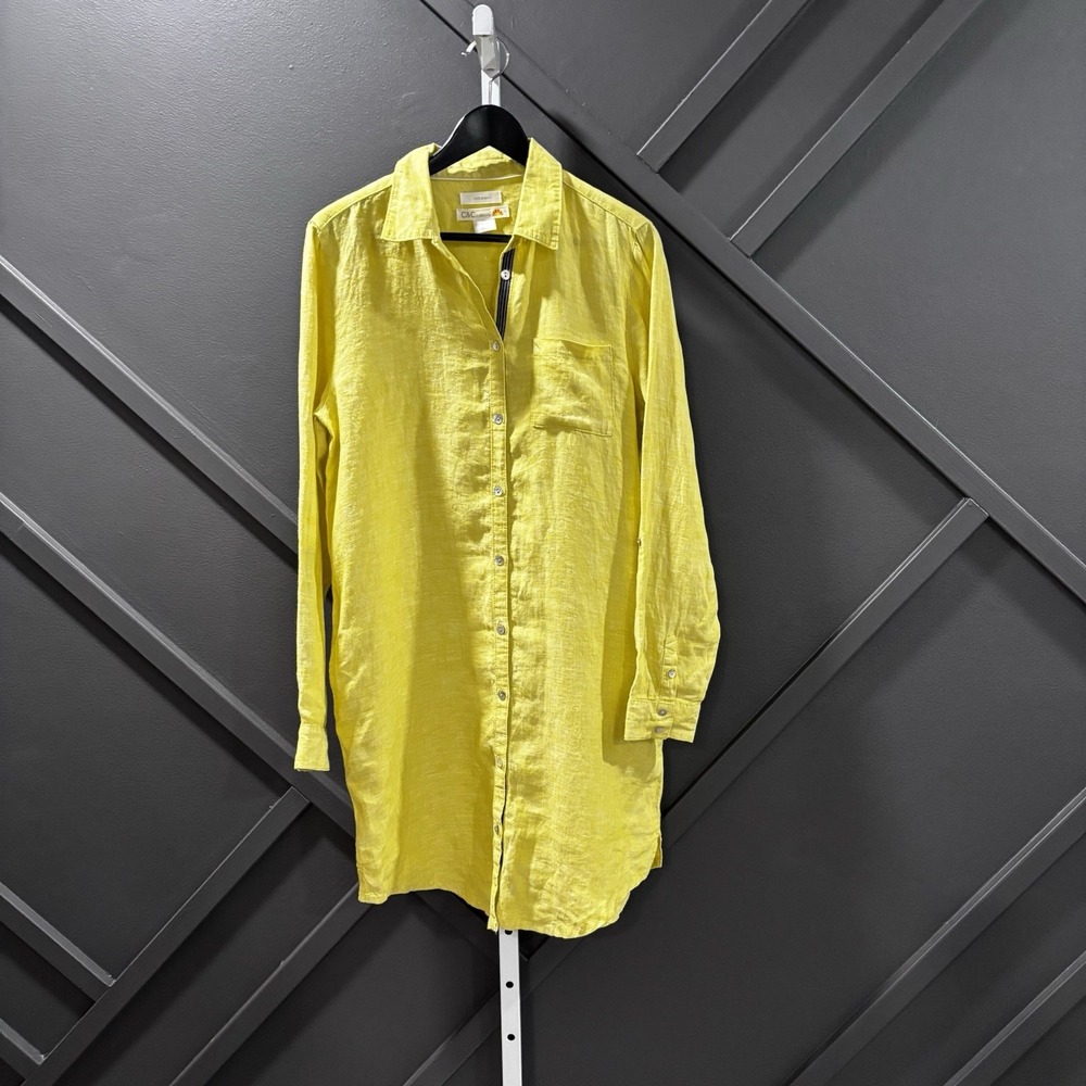 C&C California 100% Linen Shirt Dress Size M Yellow Button Front Coastal